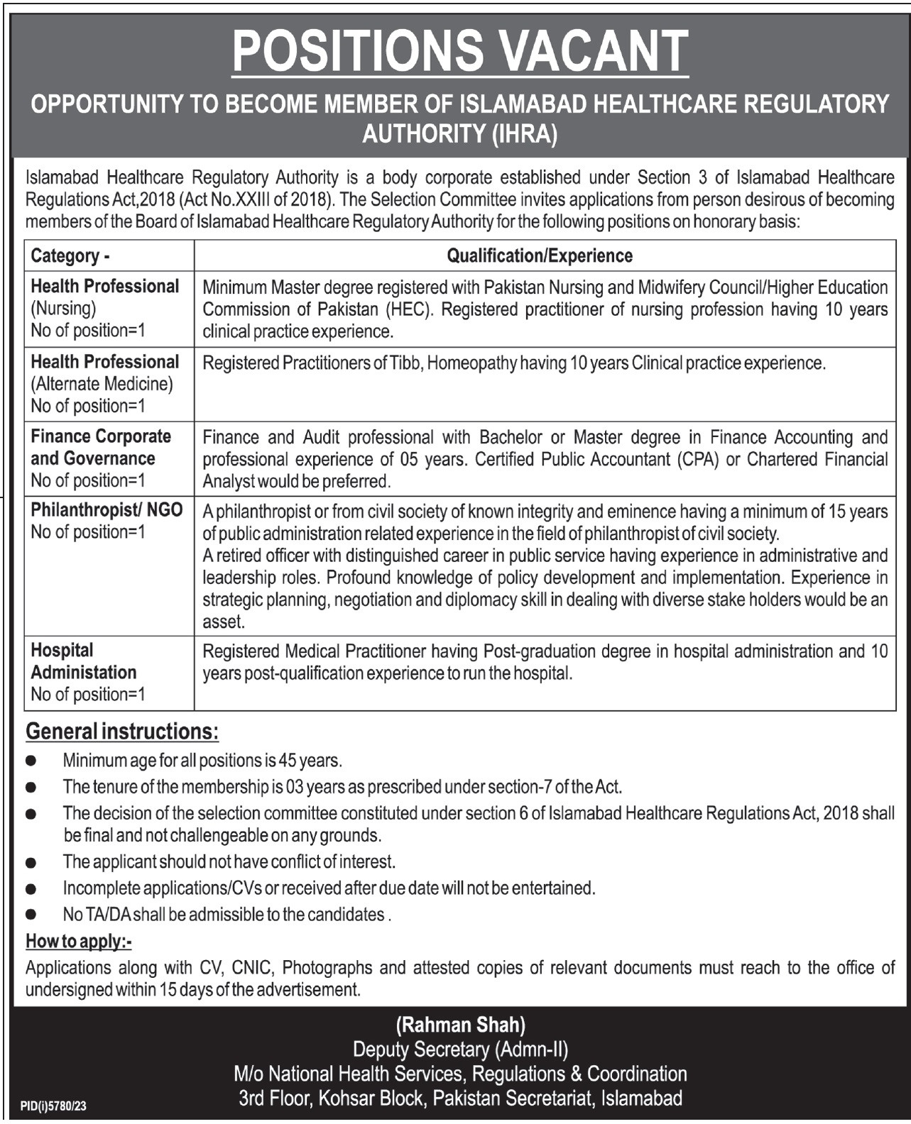 Islamabad Healthcare Regulatory Authority Jobs 2024
