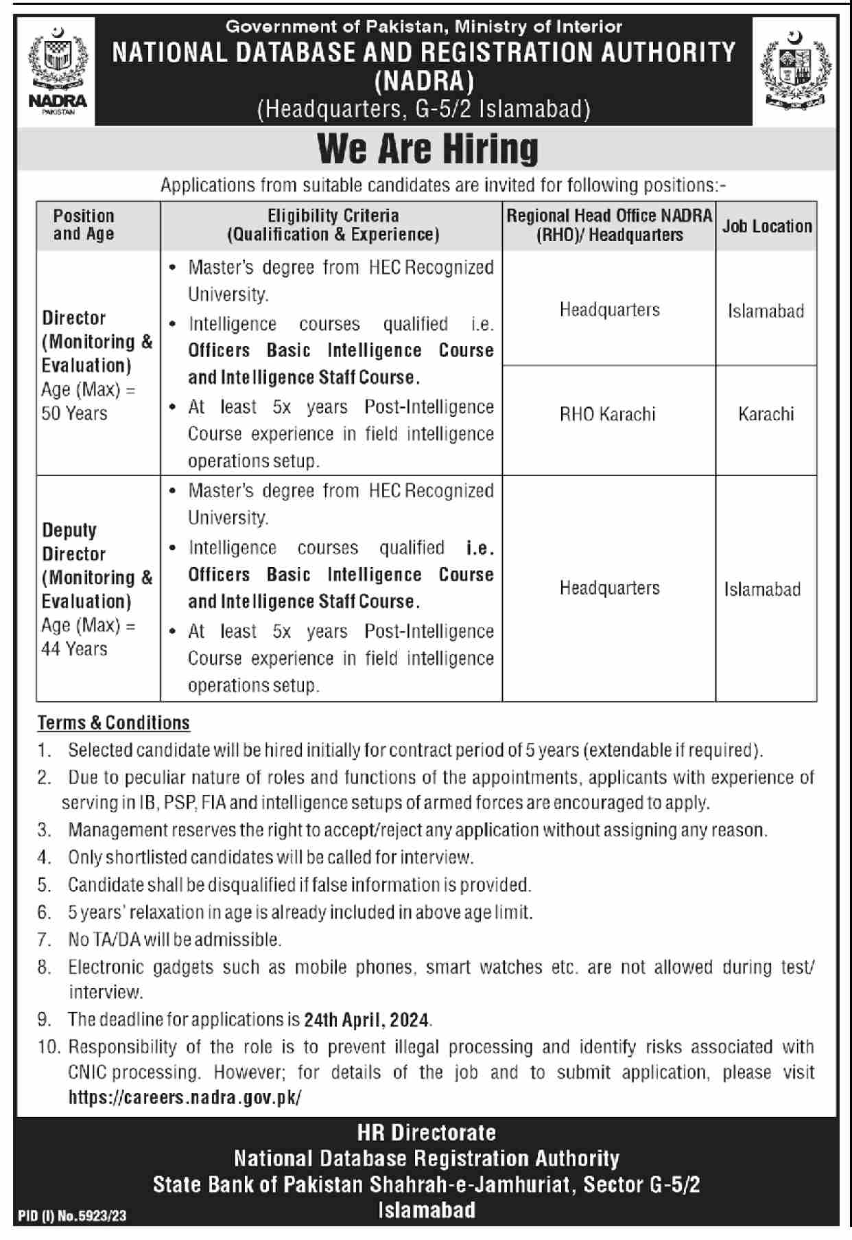 NADRA Islamabad H/Q Jobs 2024